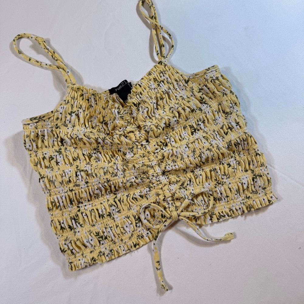 Rue21 Yellow Ditsy Floral Smocked Bodice Cami Crop Top Tie Front M Coquette